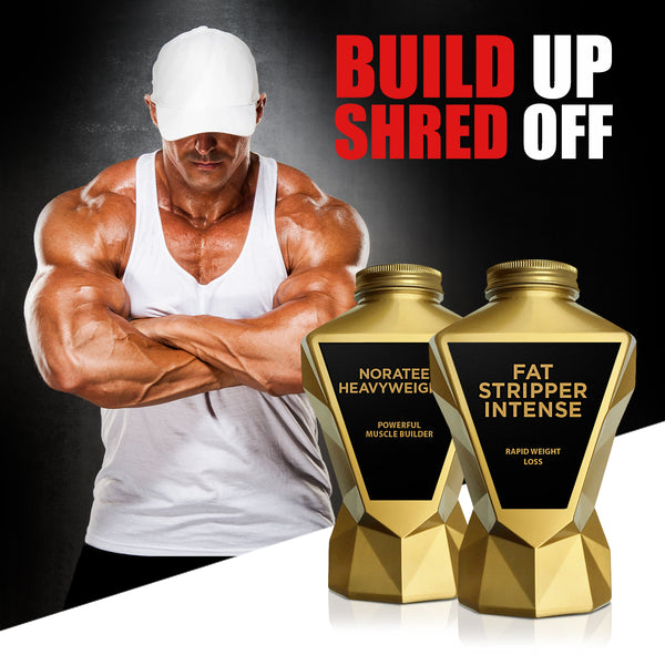 Bulk UP Burn OFF (3880941977688) LA Muscle Build up and shred off stack, LA Muscle Norateen Heavyweight 2 powerful muscle builder and Fat Stripper Intense rapid weight loss. Image of a fit muscular man