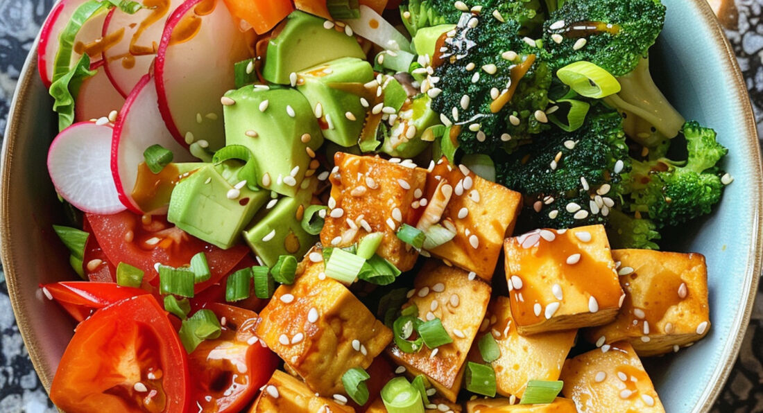Protein-Packed Tofu Poke Bowl with Avocado, Tomato, and Broccoli
