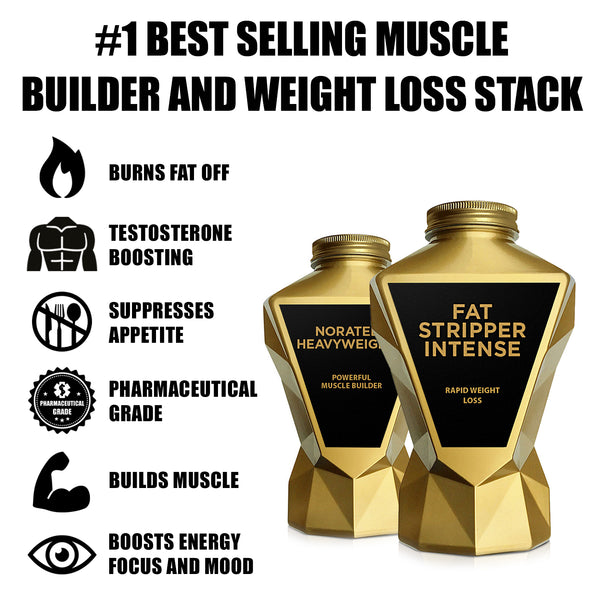 Bulk UP Burn OFF (3880941977688) LA Muscle build up and shred down stack of Fat Stripper Intense rapid weight loss and Norateen Heavyweight 2 powerful muscle builder. Burns fat off, testosterone boosting, suppresses appetite, pharmacuetical grade, builds muscle, boosts energy focus and mood