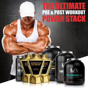 LA Muscle Ultimate stack, Norateen Extreme, Estro Block, Norateen Testo 247 Night, 311 BCAAs, LA Whey, Nuclear Creatine, Possessed II. The ultimate pre and post workout power stack. Image of a fit and muscular man.