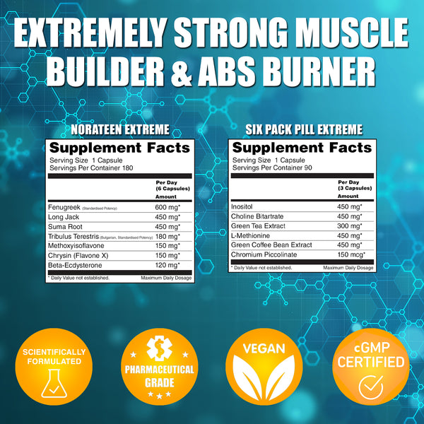 EXTREME Definition (3880941846616) LA Muscle Extreme definition stack, extremely strong muscle builder and abs burner. Norateen Extreme supplement facts fenugreek, long jack, suma root, tribulus terestris, methoxyisoflavone, crysin, beta-ecosterone. Six Pack Pill Extreme supplement facts