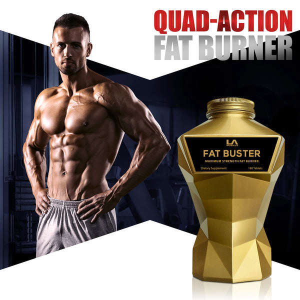 LA Muscle Fat Buster Maximum Strength Fat Burner, quad action fat burner. Image of a fit and muscular man