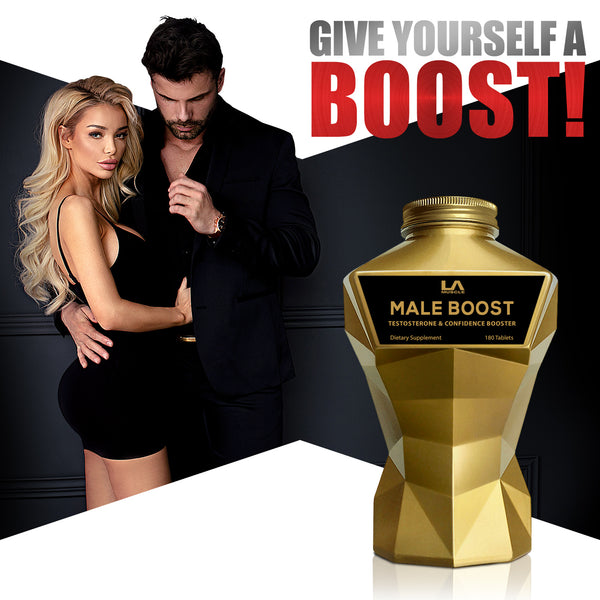 LA Muscle Male Boost testosterone and confidence booster. Give yourself a boost! Image of an attractive man and woman.