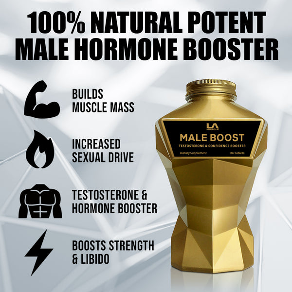 LA Muscle Male Boost testosterone and confidence booster. 100% natural potent male hormone booster. Builds muscle mass, increase sexual drive, testosterone and hormone booster, boosts strength and libido.