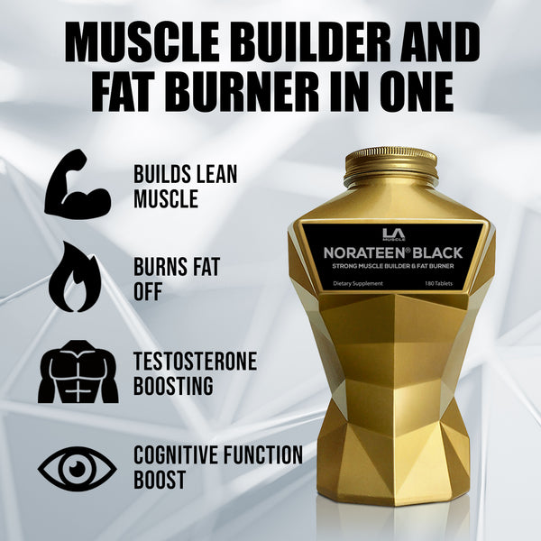 LA Muscle Norateen Black strong muscle builder. Muscle builder and fat burner in one. Builds lean muscle, burns fat off, testosterone boosting, cognitive function boost.