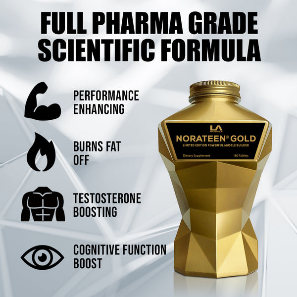 LA Muscle Norateen Gold limited edition powerful muscle builder. Full pharma grade scientific formula, performance enhancing, burns fat off, testosterone boosting, cognitive function boost.
