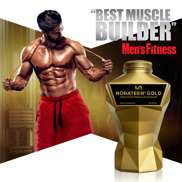 LA Muscle Norateen Gold limited edition powerful muscle builder. Men's Fitness best muscle builder. Image of a fit and muscular man.