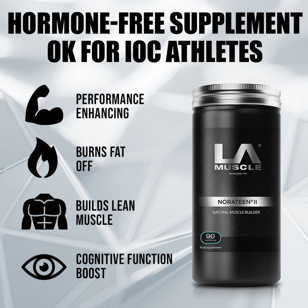 LA Muscle Norateen II natural muscle builder. Hormone free supplement OK for IOC athletes. Performance enhancing, burns fat off, builds lean muscle, cognitive function boost.