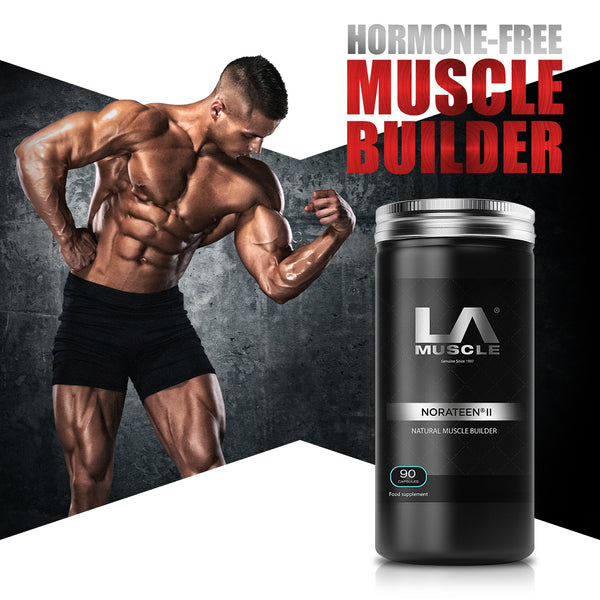 LA Muscle Norateen II natural muscle builder. Hormone free muscle builder. Image of a fit and muscular man.