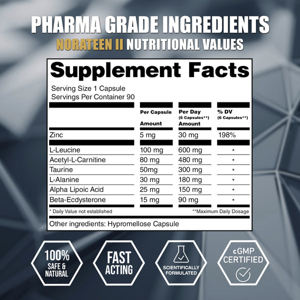 LA Muscle Norateen II natural muscle builder. Pharma grade ingredients Norateen II nutritional values supplement facts. Zinc, L-Leucine, Acetyl-L-Carnitine, Taurine, Taurine, L-Alanine, Alpha Lipoic Acid, Beta-Ecdysterone. 100% safe and natural, fast acting, scientifically formulated, GMP certified.