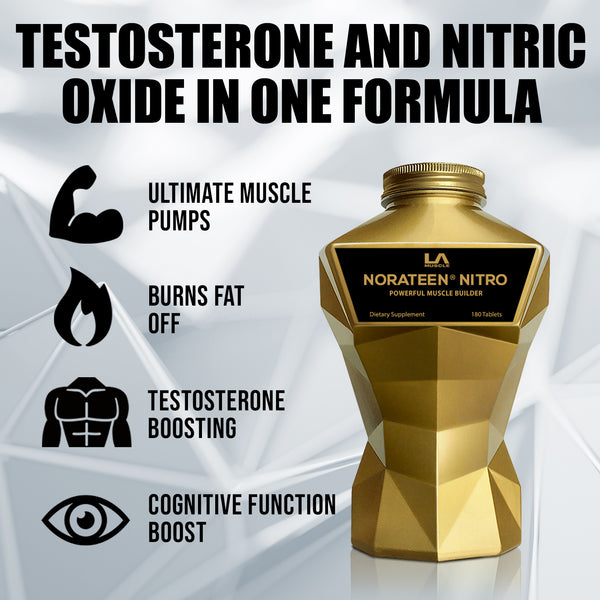 LA Muscle Norateen Nitro powerful muscle builder. Testosterone and nitric oxide in one formula. Ultimate muscle pumps, burns fat off, testosterone boosting, cognitive function boost.