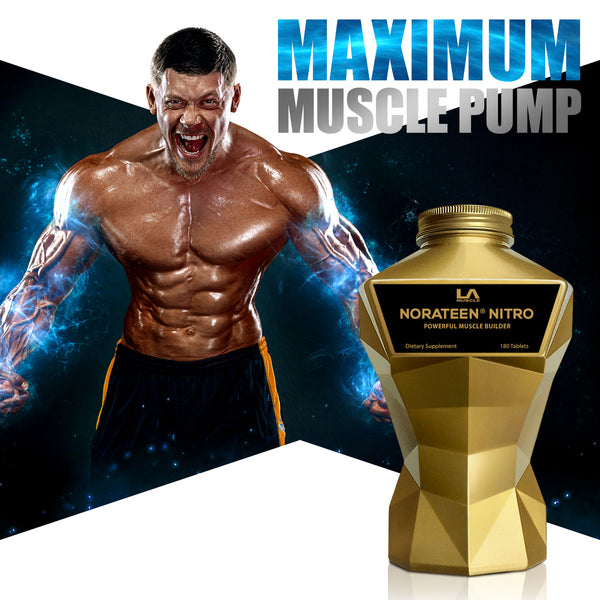 LA Muscle Norateen Nitro powerful muscle builder. Maximum muscle pump. Image of a fit and muscular man.
