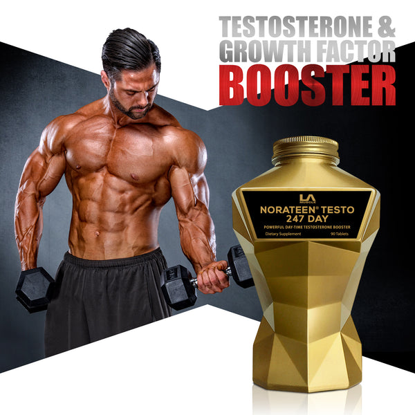 LA Muscle Norateen Testo 247 Day, powerful day time testosterone booster. Testosterone and growth factor booster. Image of a fit and muscular man.