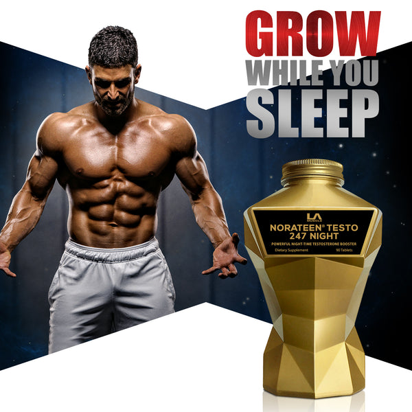 LA Muscle Norateen Testo 247 Night, Powerful night time testosterone builder. Grow while you sleep. Image of a fit and muscular man.