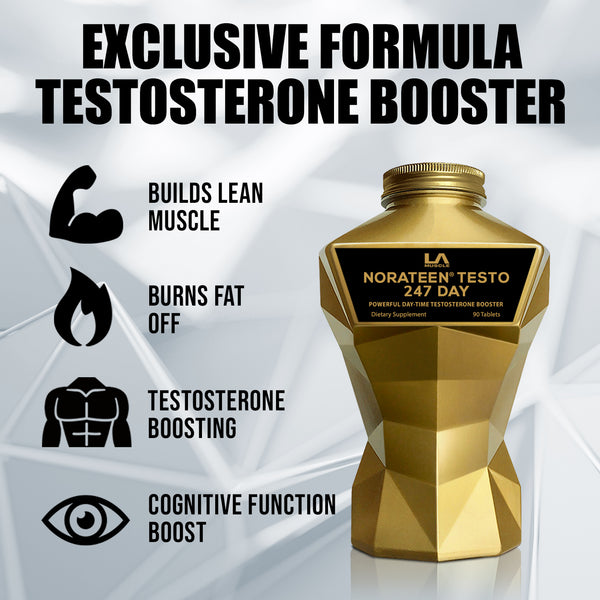 LA Muscle Norateen Testo 247 Day, powerful day time testosterone booster. Exclusive formula testosterone booster, builds lean muscle, burns fat off, testosterone boosting, cognitive function boost.