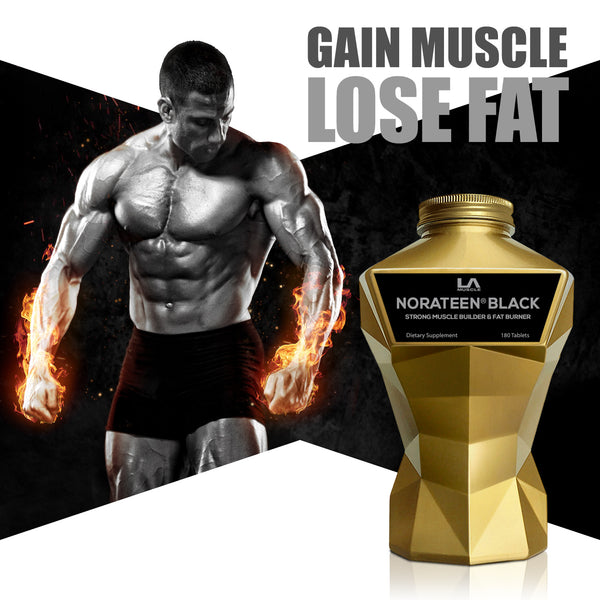 LA Muscle Norateen Black. Strong muscle builder and fat builder. Gain muscle lose fat. Image of a fit and muscular man.