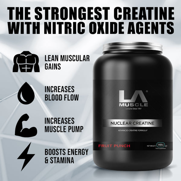 LA Muscle Nuclear Creatine advanced creatine formula. The strongest creatine with Nitric Oxide agents. Lean muscular gains, increases blood flow, increases muscle pump, boosts energy and stamina.