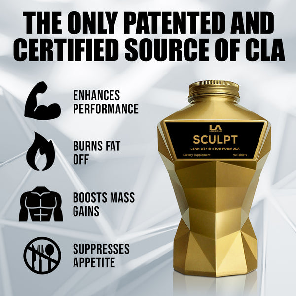 LA Muscle Sculpt lean definition formula. The only patented and certified source of CLA, enhances performance, burns fat off, boosts mass gains, suppresses appetite.