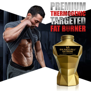 LA Muscle Six Pack Pill Extreme rapid action formula. Premium thermogenic targeted fat burner. Image of a fit and muscular man.