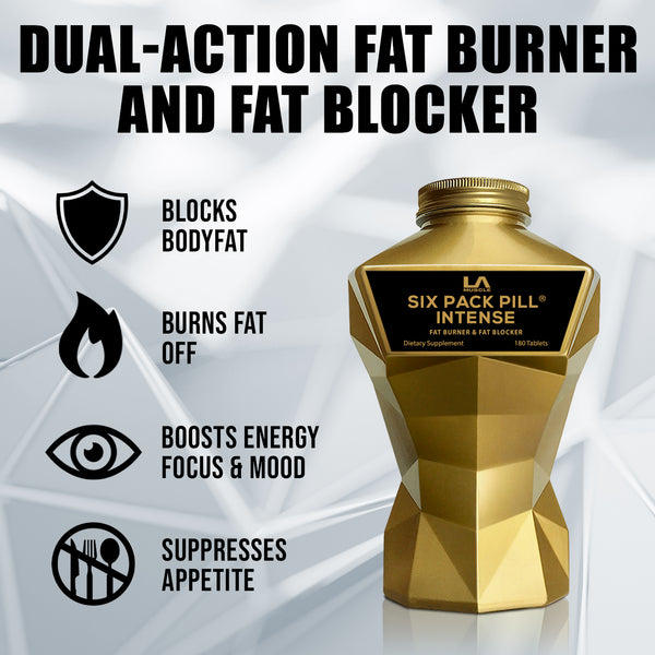 LA Muscle Six Pack Pill Intense. Fat burner and fat blocker. Blocks body fat, burns fat off, boosts energy focus and mood, suppresses appetite.