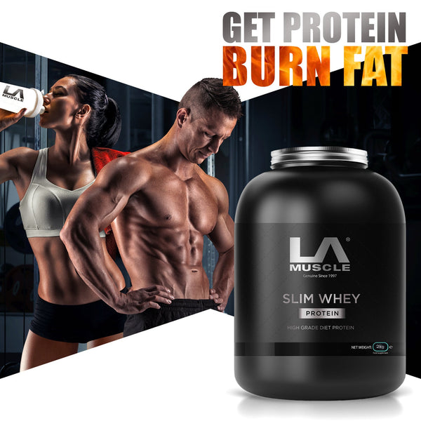 LA Muscle Slim Whey. High grade protein, chocolate flavor. Get protein burn fat. Image of a fit and toned man and woman.