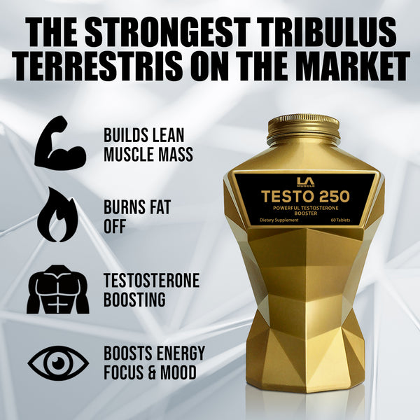 LA Muscle Testo 250 powerful testosterone booster. The strongest tribulus terrestris on the market. Builds lean muscle mass, burns fat off, testosterone boosting, boosts energy focus and mood.