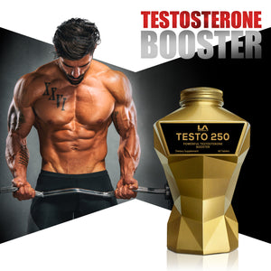 LA Muscle Testo 250 powerful testosterone booster. Image of a fit and muscular man.