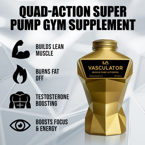LA Muscle Vasculator muscle pump activator. Quad action super pump gym supplement. Builds lean muscle, burns fat, testosterone boosting, boosts focus and energy.