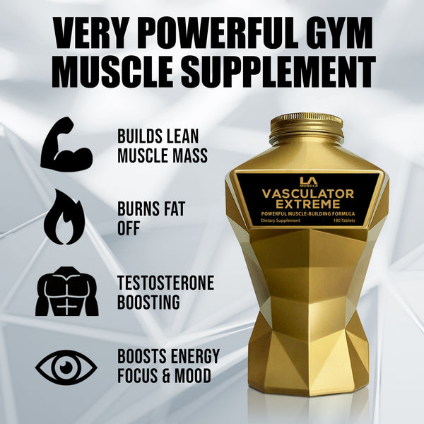LA Muscle Vasculator Extreme powerful muscle building formula. Maximum muscle pump. Very powerful gym muscle supplement. Builds lean muscle mass, burns fat off, testosterone boosting, boosts energy focus and mood.