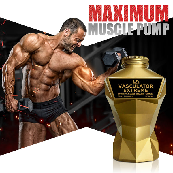 LA Muscle Vasculator Extreme powerful muscle building formula. Maximum muscle pump. Image of a fit and muscular man.